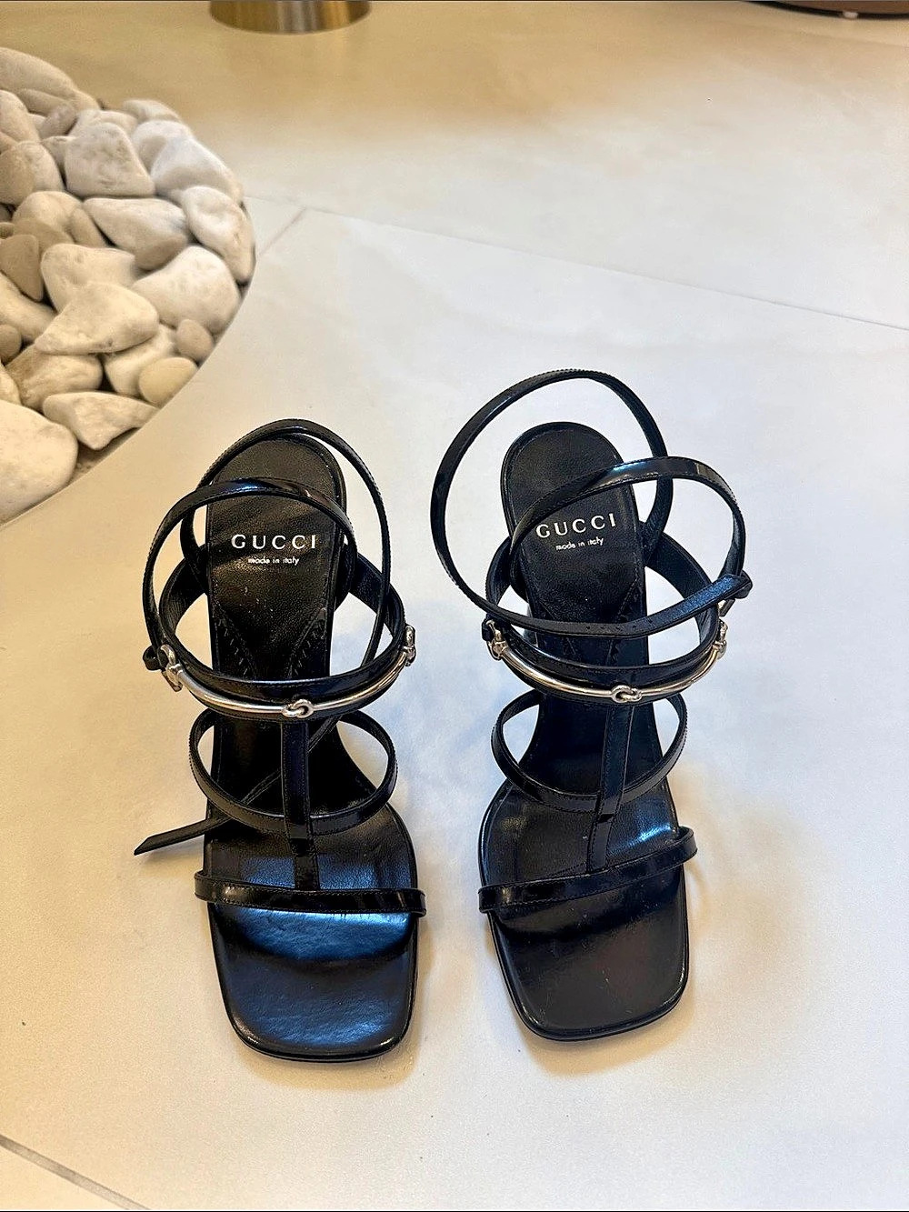 Gucci Black Leather Interlocking G Strappy Heel Sandals Size 36